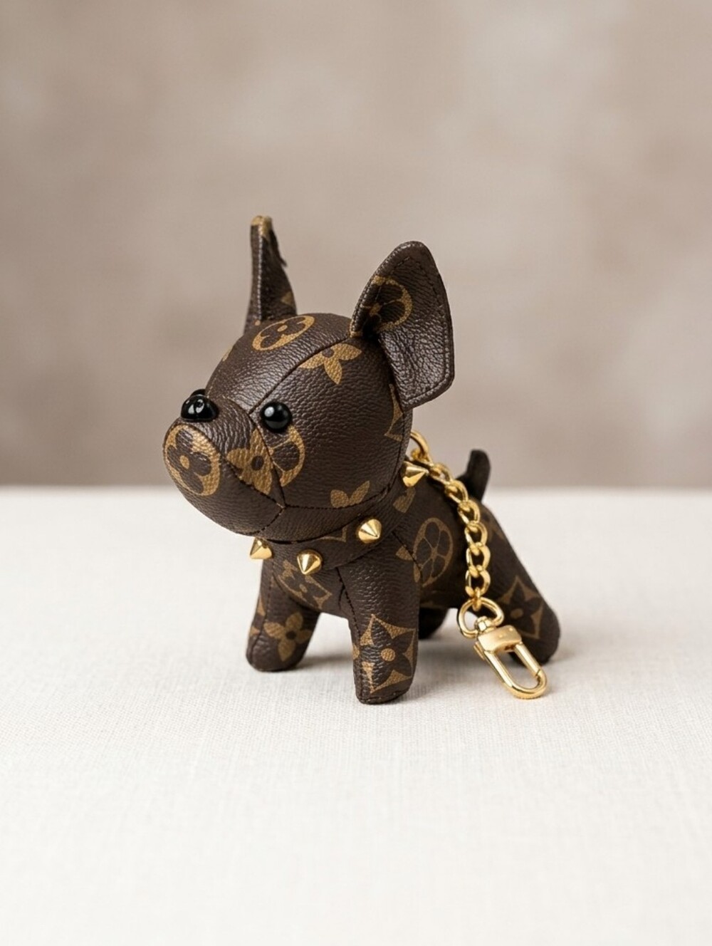 French Bulldog Dog Purse Charm Keychain Brown Monogram Gold Tone Spiked Collar